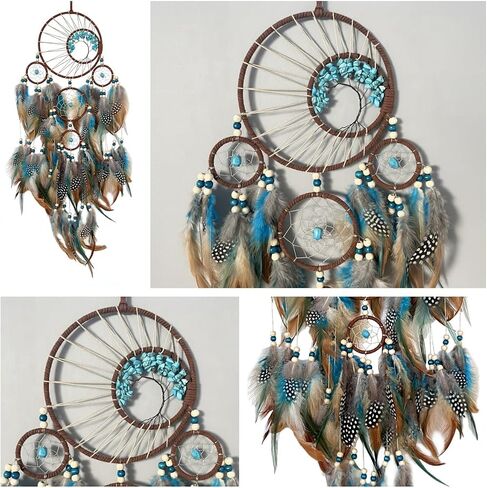 Handmade Large Dreamcatcher wall Decoration, a 5-Ring Bohemian Dreamcatcher with Turquoise Feathers, Bohemian-Style Room Decor, and a Gift for bedrooms and Nurseries. in Saudi Arabia