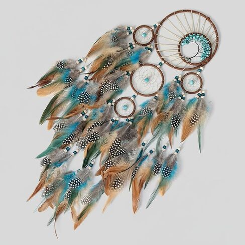 Handmade Large Dreamcatcher wall Decoration, a 5-Ring Bohemian Dreamcatcher with Turquoise Feathers, Bohemian-Style Room Decor, and a Gift for bedrooms and Nurseries. in Saudi Arabia