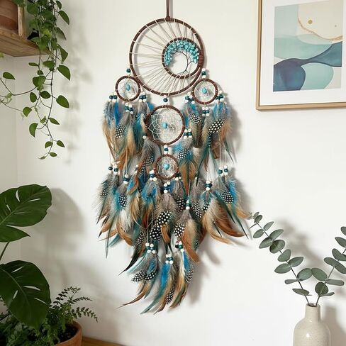 Handmade Large Dreamcatcher wall Decoration, a 5-Ring Bohemian Dreamcatcher with Turquoise Feathers, Bohemian-Style Room Decor, and a Gift for bedrooms and Nurseries. in Saudi Arabia