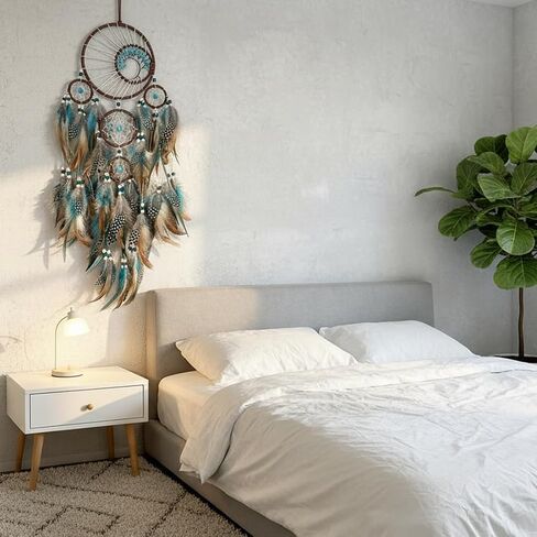 Handmade Large Dreamcatcher wall Decoration, a 5-Ring Bohemian Dreamcatcher with Turquoise Feathers, Bohemian-Style Room Decor, and a Gift for bedrooms and Nurseries. in Saudi Arabia