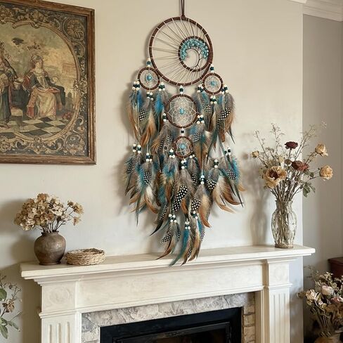 Handmade Large Dreamcatcher wall Decoration, a 5-Ring Bohemian Dreamcatcher with Turquoise Feathers, Bohemian-Style Room Decor, and a Gift for bedrooms and Nurseries. in Saudi Arabia