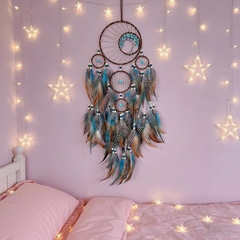Handmade Large Dreamcatcher wall Decoration, a 5-Ring Bohemian Dreamcatcher with Turquoise Feathers, Bohemian-Style Room Decor, and a Gift for bedrooms and Nurseries. in Saudi Arabia