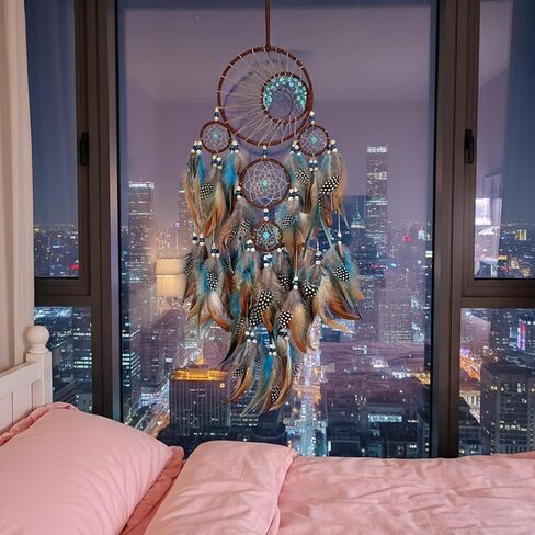 Handmade Large Dreamcatcher wall Decoration, a 5-Ring Bohemian Dreamcatcher with Turquoise Feathers, Bohemian-Style Room Decor, and a Gift for bedrooms and Nurseries. in Saudi Arabia