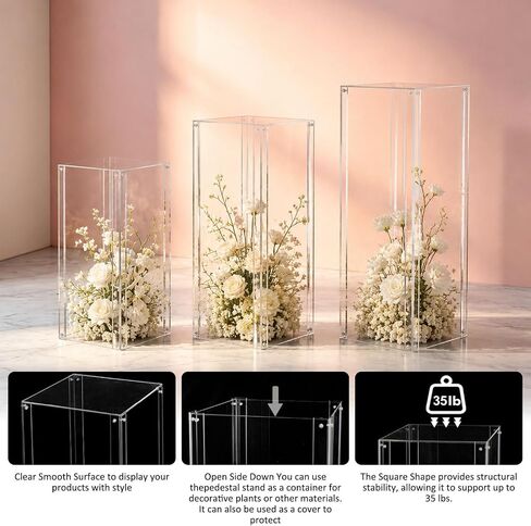 Vincidern 3pcs Acrylic Square Pedestal Stand for Party, Wedding, Events – Clear Display Plinth Pillars for Cake, Flowers, Sculptures, Birthday, Baby Shower, Art Gallery, Home Decor (31.5"/27.6"/23.6" H) in Saudi Arabia