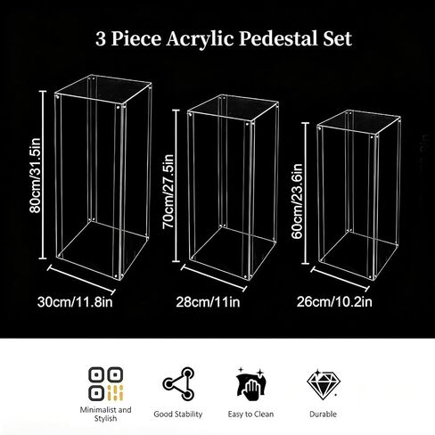 Vincidern 3pcs Acrylic Square Pedestal Stand for Party, Wedding, Events – Clear Display Plinth Pillars for Cake, Flowers, Sculptures, Birthday, Baby Shower, Art Gallery, Home Decor (31.5"/27.6"/23.6" H) in Saudi Arabia