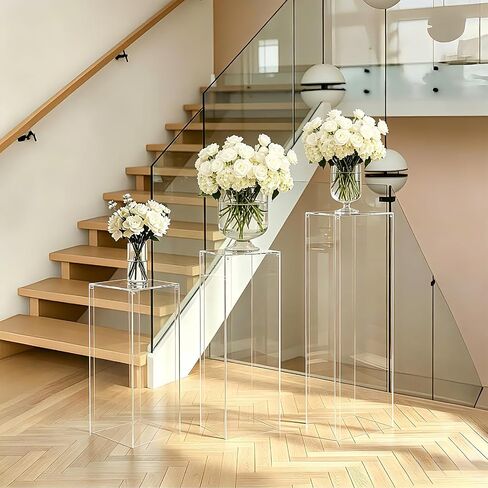 Vincidern 3pcs Acrylic Square Pedestal Stand for Party, Wedding, Events – Clear Display Plinth Pillars for Cake, Flowers, Sculptures, Birthday, Baby Shower, Art Gallery, Home Decor (31.5"/27.6"/23.6" H) in Saudi Arabia
