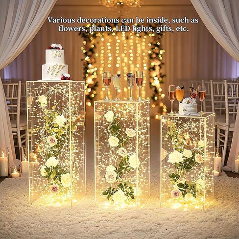 Vincidern 3pcs Acrylic Square Pedestal Stand for Party, Wedding, Events – Clear Display Plinth Pillars for Cake, Flowers, Sculptures, Birthday, Baby Shower, Art Gallery, Home Decor (31.5"/27.6"/23.6" H) in Saudi Arabia