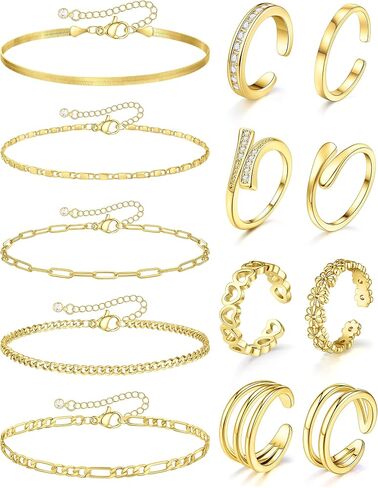 Giovanchi 13Pcs 14K Gold Filled Toe Rings and Ankle Bracelets for Women Non Tarnish - Flower Cz Open Toe Ring - Adjustable Cuban Link Chain Anklets - Beach Foot Jewelry for Summer in Saudi Arabia