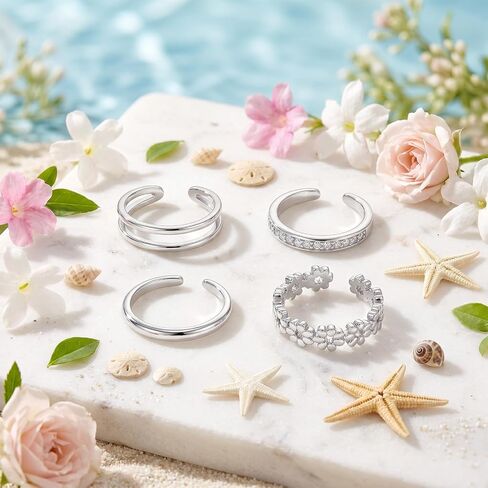 Tyqour Silver Toe Rings for Women Stainless Steel Toe Rings Adjustable Ring Set of 4 Non Tarnish Toe Rings Silver for Summer Beach Jewelry in Saudi Arabia