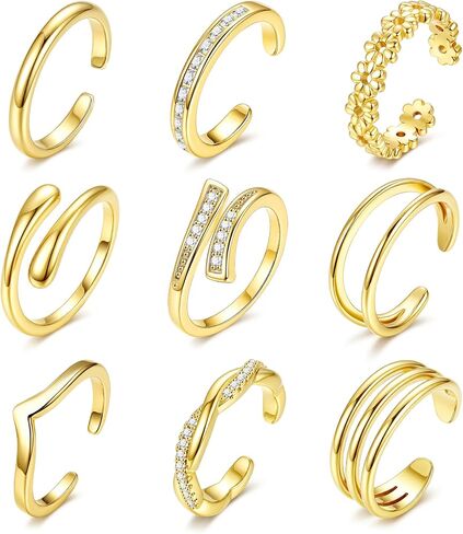 9PCS Toe Rings for Women 14K Gold Plated Adjustable Simple CZ Triple Open Band Ring Non Tarnish Toe Rings Set Summer Beach Foot Jewelry for Women in Kuwait