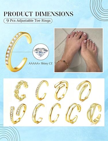 SMORI Gold/Silver Plated Toe Rings for Women Non Tarnish 14K Gold/White Gold Plated Adjustable Toe Rings Dainty Flower CZ Band Open Toe Ring Waterproof Beach Foot Jewelry Set for Summer in Saudi Arabia