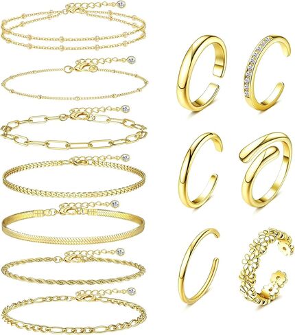 13 Pcs Anklets Toe Rings for Women Adjustable Gold Layered Ankle Chain Bracelets Stackable Open Toe Rings Summer Beach Foot Jewelry in Kuwait