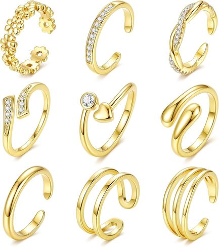 9Pcs 14K Gold Filled Toe Rings for Women Non Tarnish Waterproof Toe Ring Set Adjustable Dainty Simple CZ Open Band Toe Rings Beach Summer Foot Jewelry in Kuwait