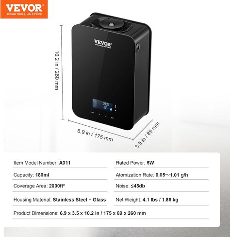 VEVOR Upgrade HVAC Scent Diffuser, Smart Scent Air Machine for Home, 180ML with Cold Air Technology, Waterless Essential Oil Diffuser, Cover Up to 2000 Sq.Ft for Living Room, Office, Spa, Hotel in Kuwait