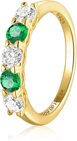 Moissanite and Created Emerald Rings for Women, Silver/Gold Plated 925 Sterling Silver Bands, Five Stone and Hollow Out Heart Design, Birthday Wedding Mother's Day Jewelry with Gift Box, Size 5-11 in Saudi Arabia