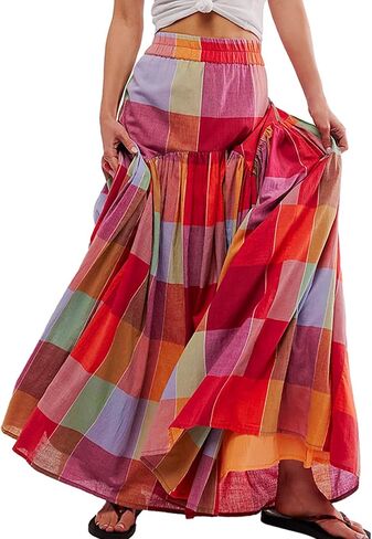 Women's Gingham Maxi Skirt Summer High Waisted Boho Colorful Plaid Pleated Long Skirts in Saudi Arabia