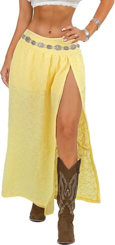 Women's Western Boho Lace Maxi Skirt High Slit Cowgirl Skirts Sexy Beach Skirt Country Concert Outfits for Women in Saudi Arabia