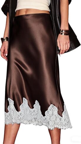 Women's Satin Skirts High Waist Silk Midi Skirt Summer Lace Trim Flowy Cocktail Party A Line Skirt in Saudi Arabia