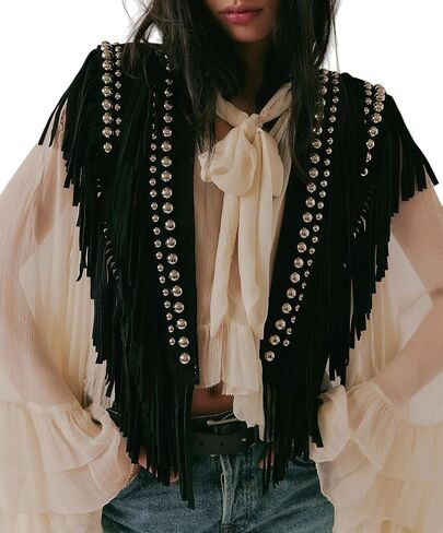 ياقة Luckinbaby Ponchos للنساء، شالات مرصعة من الجلد السويدي الصناعي، ملفوفة بشراشيب مفتوحة من الأمام، قطعة علوية غربية in Kuwait