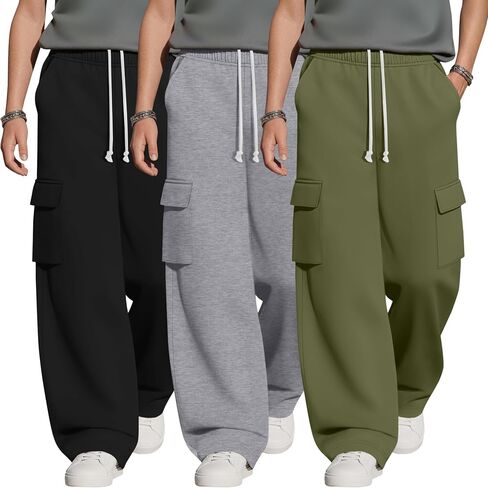 3 Pack Boys Cargo Sweatpants 6-16Y Wide Leg Pants with 4 Pockets Teen Drawstring Elastic Straight Trousers Loose in Kuwait
