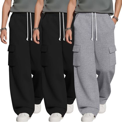 3 Pack Boys Cargo Sweatpants 6-16Y Wide Leg Pants with 4 Pockets Teen Drawstring Elastic Straight Trousers Loose in Kuwait