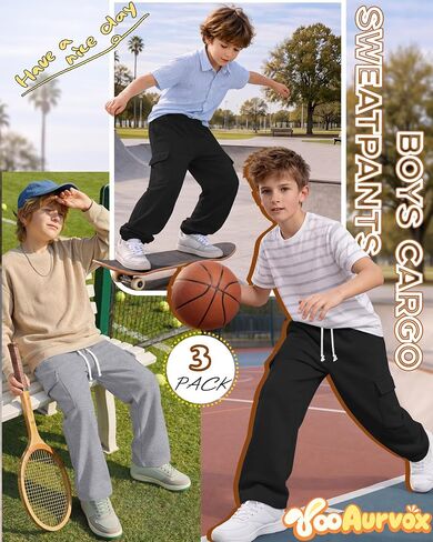3 Pack Boys Cargo Sweatpants 6-16Y Wide Leg Pants with 4 Pockets Teen Drawstring Elastic Straight Trousers Loose in Kuwait
