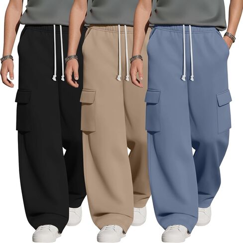 3 Pack Boys Cargo Sweatpants 6-16Y Wide Leg Pants with 4 Pockets Teen Drawstring Elastic Straight Trousers Loose in Kuwait