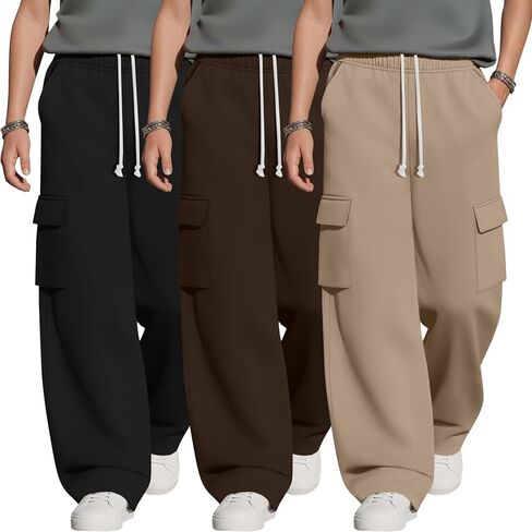 3 Pack Boys Cargo Sweatpants 6-16Y Wide Leg Pants with 4 Pockets Teen Drawstring Elastic Straight Trousers Loose in Kuwait