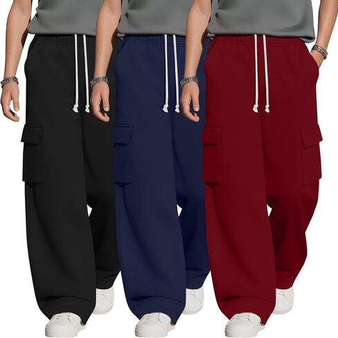 3 Pack Boys Cargo Sweatpants 6-16Y Wide Leg Pants with 4 Pockets Teen Drawstring Elastic Straight Trousers Loose in Kuwait