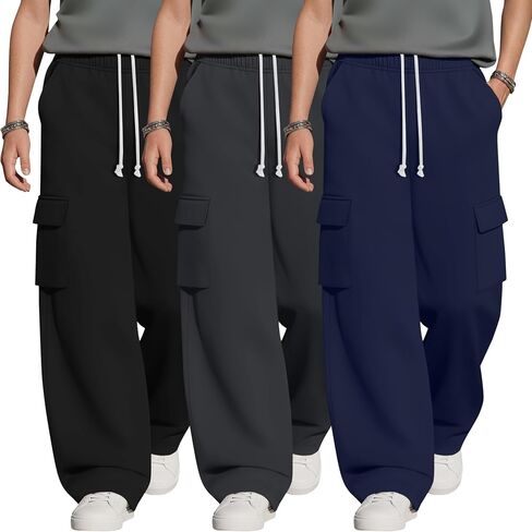 3 Pack Boys Cargo Sweatpants 6-16Y Wide Leg Pants with 4 Pockets Teen Drawstring Elastic Straight Trousers Loose in Kuwait