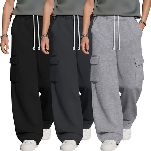 3 Pack Boys Cargo Sweatpants 6-16Y Wide Leg Pants with 4 Pockets Teen Drawstring Elastic Straight Trousers Loose in Kuwait