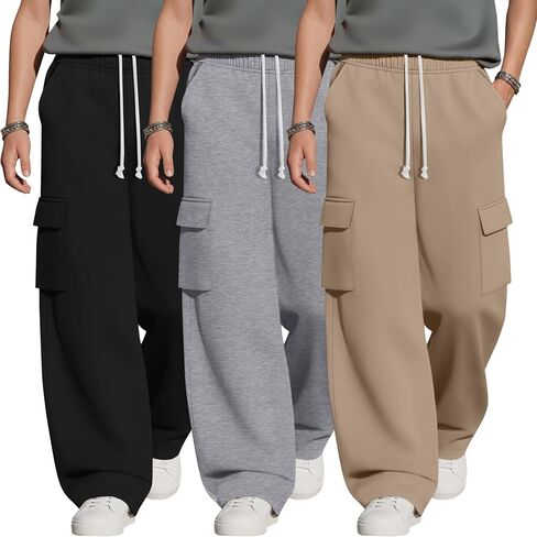 3 Pack Boys Cargo Sweatpants 6-16Y Wide Leg Pants with 4 Pockets Teen Drawstring Elastic Straight Trousers Loose in Kuwait