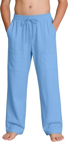 Boys Pants Cotton Linen Elastic Waist Wide Leg Baggy Pant with Pockets Kids Summer Vacation Outfits Teen Boy Clothes in Kuwait