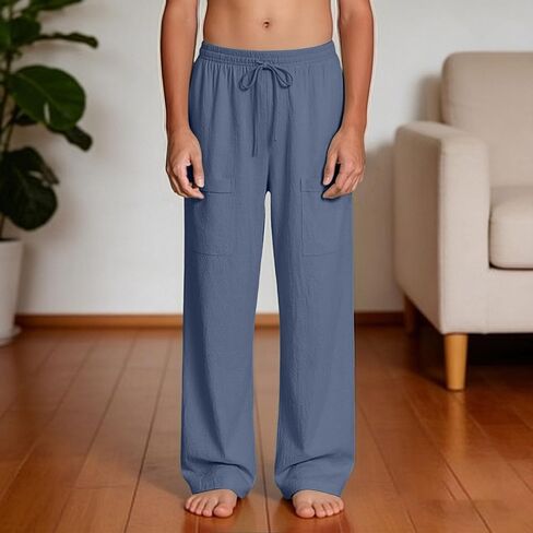 Boys Pants Cotton Linen Elastic Waist Wide Leg Baggy Pant with Pockets Kids Summer Vacation Outfits Teen Boy Clothes in Kuwait