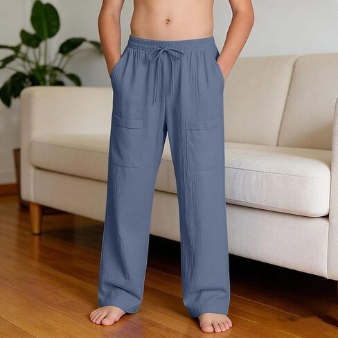 Boys Pants Cotton Linen Elastic Waist Wide Leg Baggy Pant with Pockets Kids Summer Vacation Outfits Teen Boy Clothes in Kuwait