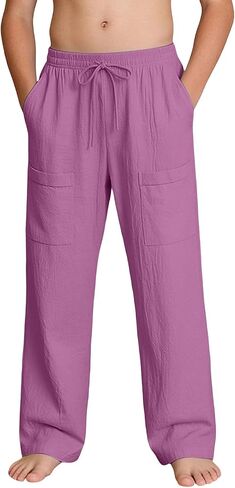 Boys Pants Cotton Linen Elastic Waist Wide Leg Baggy Pant with Pockets Kids Summer Vacation Outfits Teen Boy Clothes in Kuwait