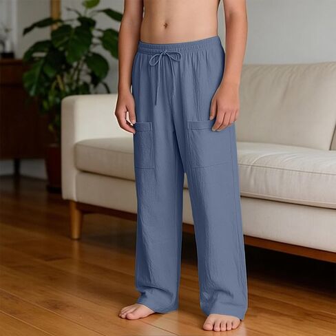 Boys Pants Cotton Linen Elastic Waist Wide Leg Baggy Pant with Pockets Kids Summer Vacation Outfits Teen Boy Clothes in Kuwait
