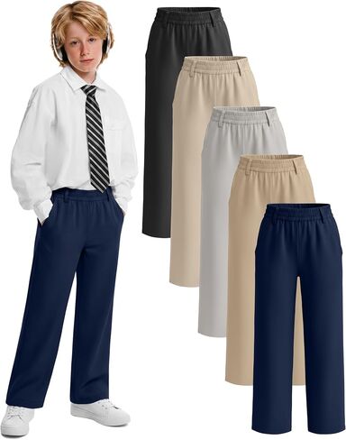 5 Pack Boys' School Uniform Pants Elastic Waist Pull-On Relaxed Fit Pants Teen Kid Stretch Sweatpants with Pockets in Kuwait
