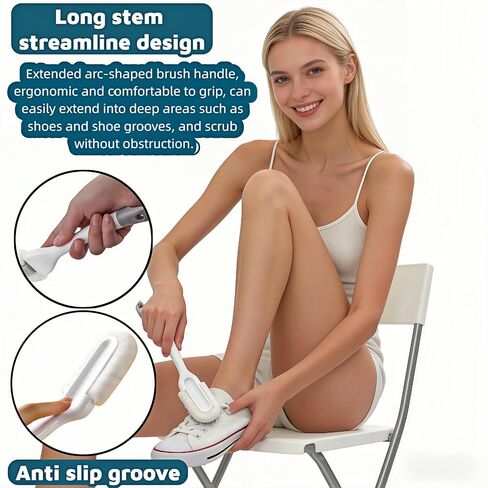 Professional Shoe Cleaning Brush Long Handle - Dual-Action Soft Bristle Shoe Scrubber for Sneakers, Leather, White Shoes | U-Shaped Head & Pointed Tip | Hanging Hole Design (White) in Saudi Arabia