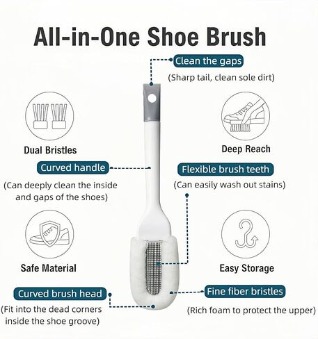 Professional Shoe Cleaning Brush Long Handle - Dual-Action Soft Bristle Shoe Scrubber for Sneakers, Leather, White Shoes | U-Shaped Head & Pointed Tip | Hanging Hole Design (White) in Saudi Arabia