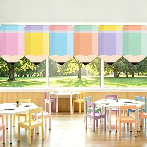 6 Pcs Back to School Classroom Curtains - Rainbow Colorful Pencil Shaped Window Covers for Kindergarten, Daycare, Primary School - Preschool Classroom Decor & Playroom Room Decorations (36" x 24") in Kuwait