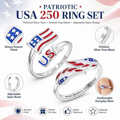 250th Anniversary Patriotic Ring For Women Men, 4th Of July Independence Day Red White Blue Enamel Usa Flag Adjustable Open Ring Memorial Day Jewelry Gift in Saudi Arabia