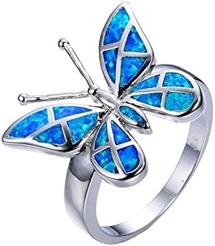 925 Sterling Silver Opal Blue & White Butterfly Shaped Ring - Elegant Gemstone Design Ideal for Bridal Engagement Wedding Anniversary Daily Wear​ (White，Size 8) in Kuwait