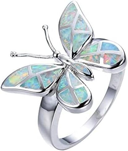 925 Sterling Silver Opal Blue & White Butterfly Shaped Ring - Elegant Gemstone Design Ideal for Bridal Engagement Wedding Anniversary Daily Wear​ (White，Size 8) in Kuwait