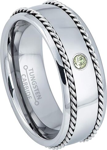 خاتم تنجستن رجالي من Jewelry Avalanche 0.07 قيراط من الزبرجد - خاتم جوهرة أغسطس - 8 مم مريح مناسب على شكل قبة مصقولة من كربيد التنجستن مع ترصيع حبل مزدوج من الفولاذ المقاوم للصدأ in Kuwait