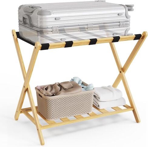 Fully Assembled 26.77" Luggage Stand, Bedroom, Hotel - Natural Bamboo Suitcase Stand, Foldable with 2 Layers - Luggage Racks for Suitcases, up to 165 lbs, Natural, 2 pcs in Kuwait