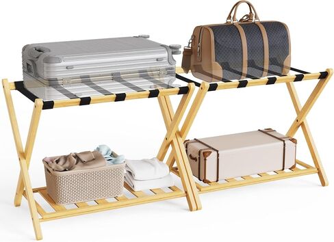 Fully Assembled 26.77" Luggage Stand, Bedroom, Hotel - Natural Bamboo Suitcase Stand, Foldable with 2 Layers - Luggage Racks for Suitcases, up to 165 lbs, Natural, 2 pcs in Kuwait