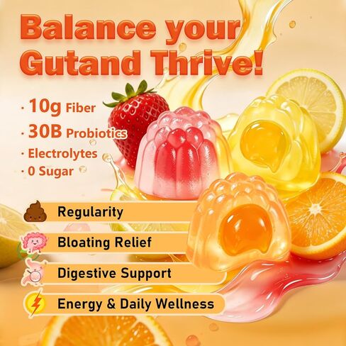 10G Fiber Gummies for Adults with 30 Billion CFU Probiotics,Vitamins C, D, B12,Electrolytes - Supports Digestive Health & Relieves Constipation and Bloating,Sugar Free - 120 Count in Kuwait