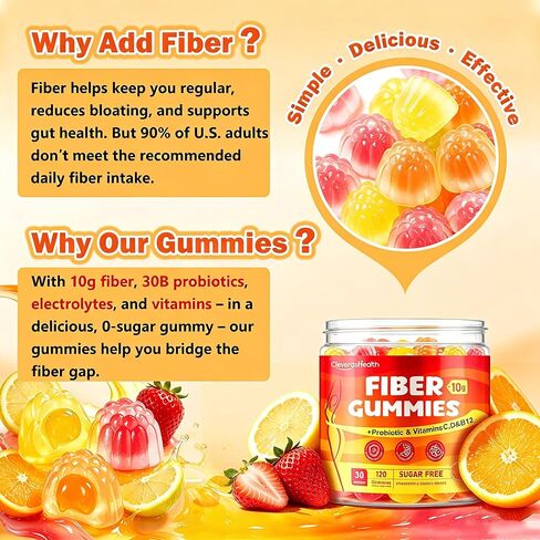 10G Fiber Gummies for Adults with 30 Billion CFU Probiotics,Vitamins C, D, B12,Electrolytes - Supports Digestive Health & Relieves Constipation and Bloating,Sugar Free - 120 Count in Kuwait