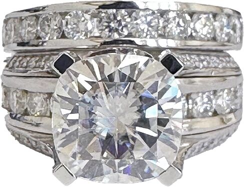 Cushion And Round Cut Sides Diamond Engagement Ring And Band Set In IGI Certified 14K Solid White Gold Hiden Halo Wedding Bridal Ring 7.50ct in Kuwait